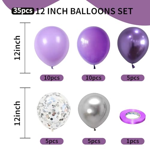 Image of Purple Silver Balloons, 12 Inch Metallic Purple Silver Balloons Light Purple Silver Latex Balloons Lavender Silver Confetti Balloons for Princess Party Girl Birthday Wedding Baby Shower Decorations