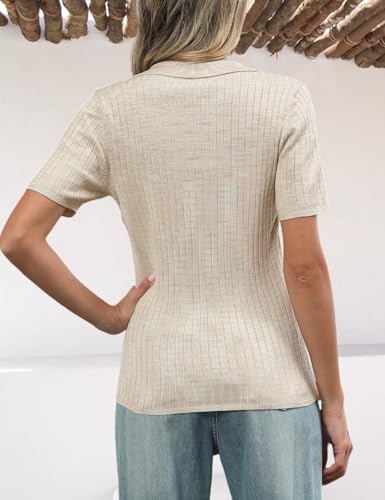 CiCiBird Womens Short Sleeve Polo Sweater Casual V Neck Knit Blouses Ribbed Slim Fit Pullover Tops2