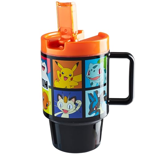 Get Trend Pokemon Tumbler Trinkflasche Kinder 500ml Auslaufsicherer Trinkbecher mit Deckel und Strohhalm Kunststoff Becher BPA-Frei Geschenk Idee (Schwarz Pokemon)
