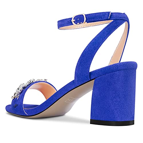 Saekcted Women Chunky Block Mid Heel Peep Open Toe Sandals Ankle Strap Rhinestone Crystal Casual Dress Shoes4