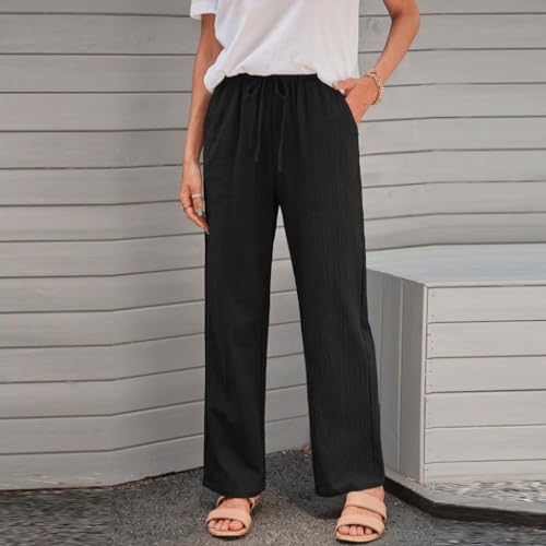 Women's Linen Cotton Casual Pants Palazzo Drawstring with Pockets Elastic Waist Wide Straight Leg Loose Trousers3