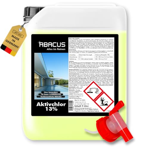 ABACUS® Flüssigchlor 13–15 % | 5L Kanister | Poolchlor zur Desinfektion von Pool & Schwimmbad | Hochwirksames Aktivchlor für klare Wasserqualität | Für Dauerchlorung und Stoßchlorung