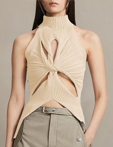 Image of SAFRISIOR Women Sexy Hollow Out Twist Front Knitted Tank Tops Sleeveless High Neck Cut Out Sweater Vest