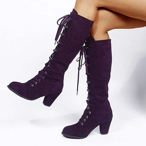 SACFOF Women's Suede Knee High Boot Ladies Lace up High Chunky Heeled Winter Boots Combat Riding Military Boots for Women4