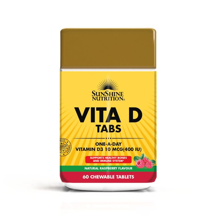 Sunshine Nutrition Vita D Chewable 400 IU 60 Chewable Tablets | Vitamin D3 for Bone Strength Immunity & Healthy Growth | Delicious Raspberry Flavor