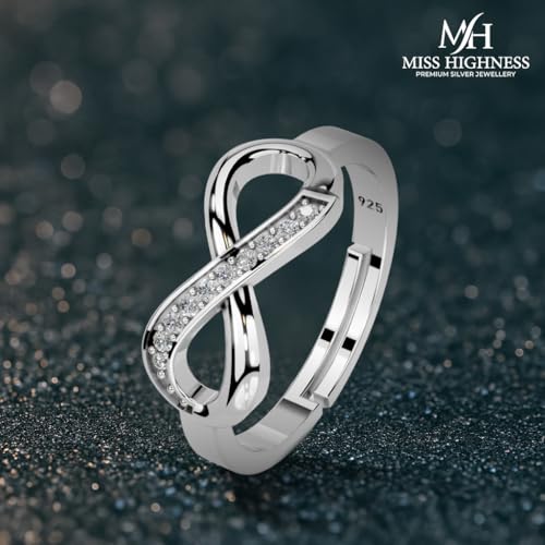 Image of Miss Highness 925 Sterling Pure Silver Ring for Women, Infinity Rings, Adjustable Size, Daily Wear Silver Jewellery, with Certificate of Authenticity, Birthday, Anniversary, Gift for Wife & Girlfriend