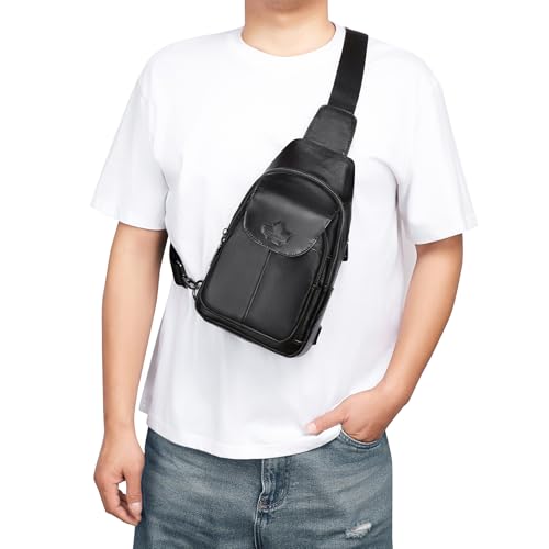 Genuine Leather Sling Bag for Men and Women Crossbody Shoulder Chest Bag for Hiking Travel Daypack 6