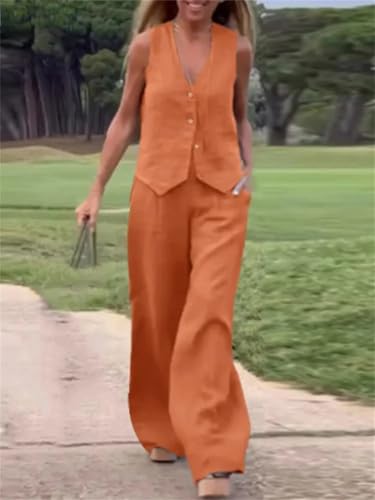 Women Fashion Solid Color V-Neck Button Sleeveless Vest Tops Wide Leg Pants 2-Piece Set3