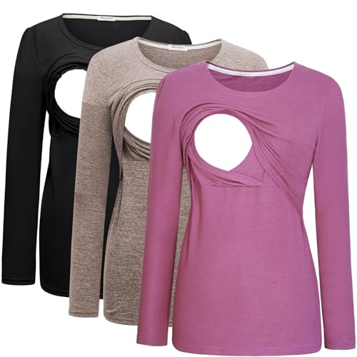 Image of Bearsland Women's 3 Packs Maternity Clothes Long Sleeves Breastfeeding Shirts Nursing Top