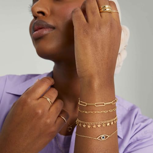 Dremmy Studios Gold Bracelet for Women 18K Gold Plated Dainty Paperclip Cubic Zirconia Disc Coin Star Cable Satellite Bead Pearl Simple Boho Minimalist Stacking Layered Link Jewelry Gift2