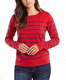 Nautica Women's Year-Round Long Sleeve 100% Cotton Striped Crewneck Sweater, Red, Small