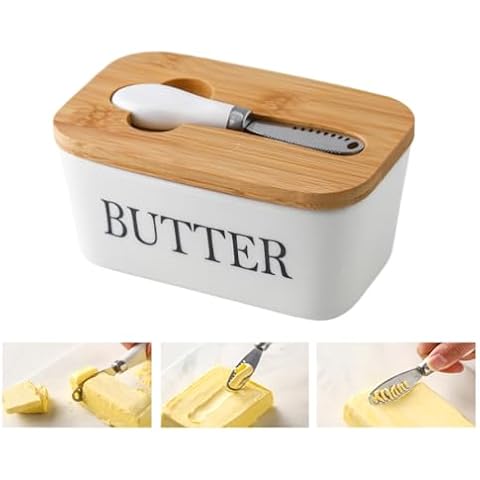 Large Ceramic Butter Dish with Wooden Lid Cover