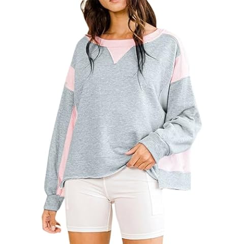 luethbiezx Women Oversized Color Block Sweatshirts Long Sleeve Y2k Clothes Pullover Tops Loose fit Cute Shirt 2024 (Gray, S) Cover