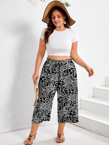 AusLook Plus Size Capri Wide Leg Pants for Women with Pockets High Waisted Elastic Drawstring Summer Casual Flowy Boho Vacation Beach Cropped Black White Flowers 5X Trousers — view 4