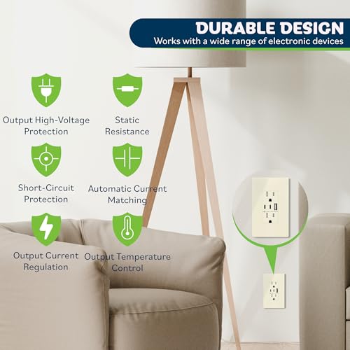 Image of TOPGREENER 4.2A 3-Port Type C USB Outlet, 15 Amp Receptacle Plug, Charging Power Outlet with Dual Type C&A Ports, Screwless Wall Plate Included, UL Listed, TU21542AC2-LASID, Light Almond, 2 Pack