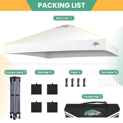 Image of COBIZI 10x10 Pop Up Canopy Tent, Outdoor Party Tent Without Sidewall One Push Setup Glow, 3 Adjustable Height Air Vent Waterproof UPF50+, Bag, 4 Sandbag, 8 Stake, 4 Rope for Beach, Commercial