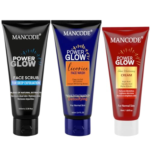 Image of Mancode Power Glow Face Care Combo for Unisex | Scrub, Face Wash & Whitening Cream | Deep Cleansing, Exfoliation & Brightening | Natural Ingredients with Saffron, Turmeric, Kojic Acid & Licorice | Hydrating & Reduces Dark Spots Pack of 3