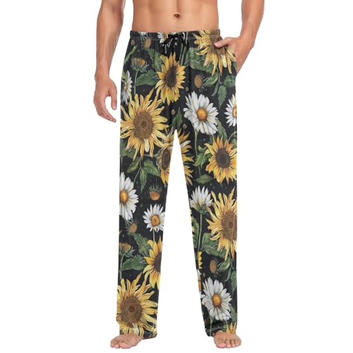 Mens Pajama Pants Sunflowers Daisy Vintage Soft Lounge Sleep Pj Bottoms with Drawstring Pockets