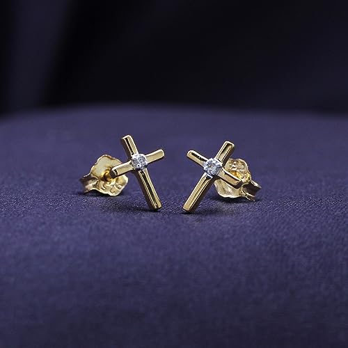Cross Stud Earrings for Women, Round Diamond, Moissanite or Lab-Grown Diamond in 14K Gold Over 925 Sterling Silver, Dainty Religious Jewelry Gift with Push Back3