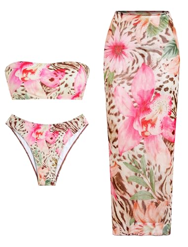 Image of ZAFUL Womens 3pcs Bikini Swimsuits Bandeau 3 Piece Swimwear High Cut Bikini Sets with Long Sheer Coverup Dress