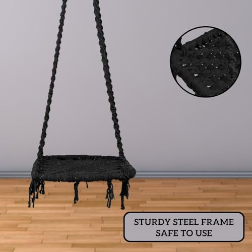 Image of Swingzy Cotton Pine Single Seater Swing Chair /Hanging Swing Chair for Home, Indoor, Outdoor, Patio, Balcony, Garden /Swing for Home /Jhula for Adults /Free Hanging Accessories (58x46,145 Cm, Black)