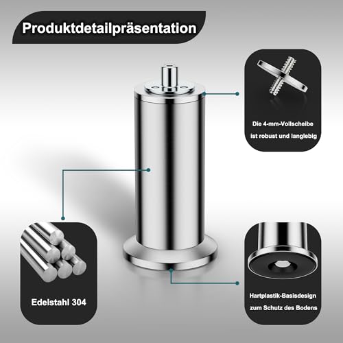 Qenovo® 4 Stück M10 Möbelfüße Edelstahl, Sofa Füße, Für Schrankfüße Bett Beine/Sofa Beine/Tischbeine höhenverstellbar Verwenden Sie M10-Schrauben,Unterstützung über 600 kg. (9.8CM)