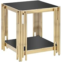 Luxury 20" Glass End Table 2-Tier Square Living Room Side Table with Tempered Glass Top Golden Mirrored Stainless Steel Frame, Black Tempered Glass+ Gold Frame 06