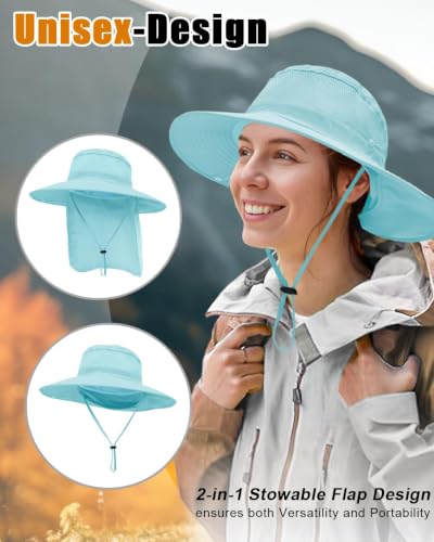 Image of Outdoor Sun Hats with Stowable Neck Flap for Men Women UPF 50+ Mesh Summer Bucket Hat Wide Brim for Fishing Safari Hiking