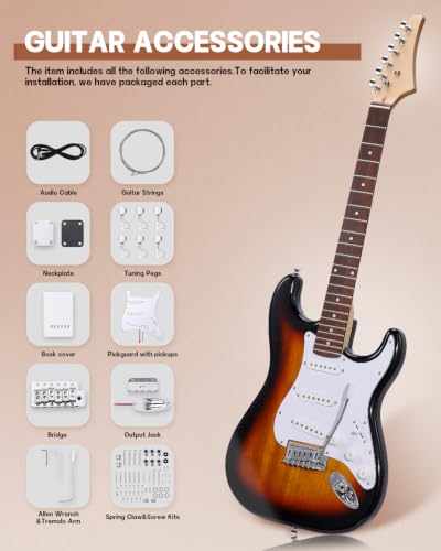 Image of Leo Jaymz DIY ST Style Electric Guitar Kits,Spray-painted Mahogany Body,Laurel Wood Fingerboard and Maple Neck, including all Components (ST-Sunburst New)