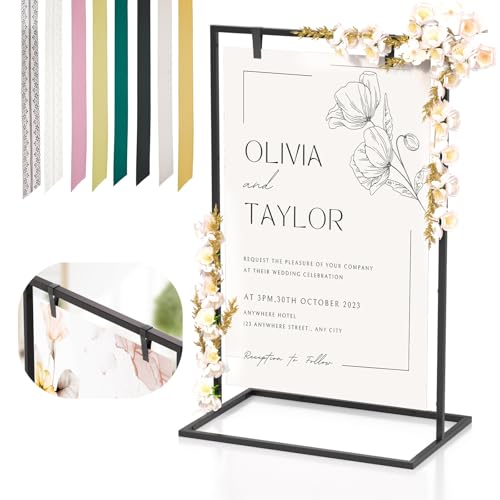 Cathyeen Wedding Welcome Sign Stand, 50”x30”x 20” Heavy Duty Easel Stand for Sign with 8 Pair Satin Ribbon & 2 Leather Strap, Welcome to Our Wedding Sign Holder, Metal Floor Standing Easels for Signs, Poster (Black)