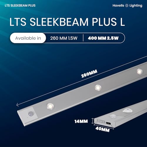 Image of Havells SLEEKBEAM Plus 400MM 2.5W Rechargeable Motion Sensor LED Light for Wardrobe, Closet, Cabinet, Kitchen, Under Stairs, Drawer, Shelf, Garage, Quick Magnetic Self Installation| Type-C Charging