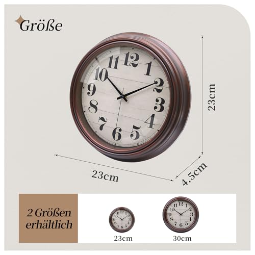 VIKMARI 23cm Vintage Wanduhr, Groß Retro Braun Wanduhr Ohne Tickgeräusche für Wohnzimmer Schlafzimmer Küche Badezimmer Büro – Bild 4