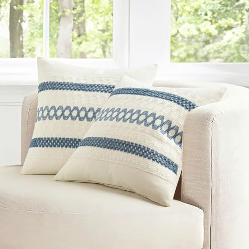 Image of MIULEE Set of 2 Coastal Blue Boho Decorative Pillow Covers 16x16 Inch | Farmhouse Couch Throw Pillows Modern Cotton Cushion Covers Macrame Woven Spring Home Decor for Bed Sofa Chair