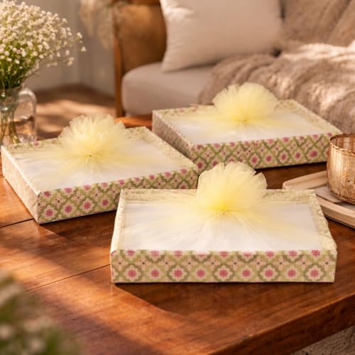 Image of SATYAM KRAFT 3 Pcs Multipurpose Decorative Folding Gift Box, Gift hampers | Paper Gift Hamper Boxes for wedding Birthday Return Gifts, Sweets, DIY Craft | Rectangular Cardboard Tray with Net (Green)