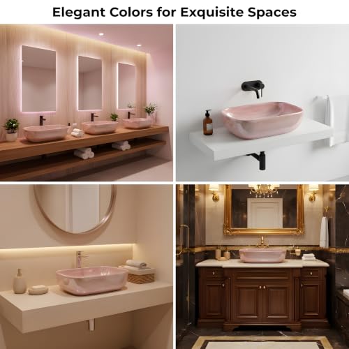 Image of VENICE Bathroom Vanity Sink Countertop Stylish & Durable Ceramic Tabletop Wash Basin Rectangular Vessel Bowl Metallic Pink Glossy Finish