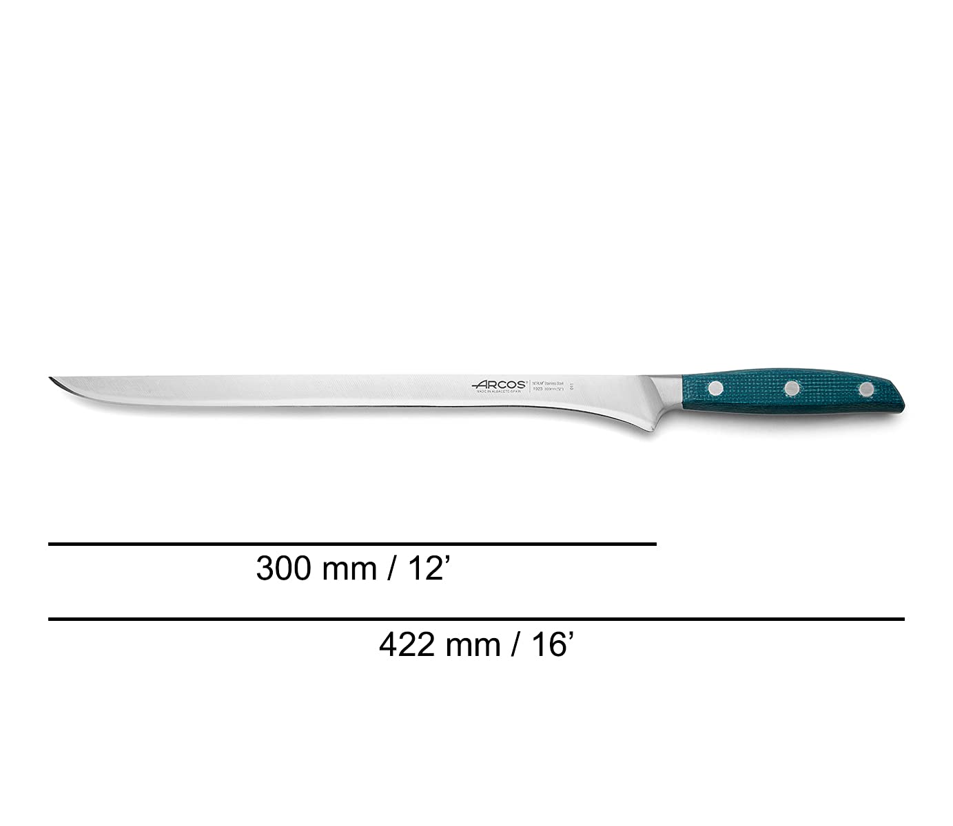 Arcos Tranchiermesser Geschmiedet - Professionelles Kochmesser aus Edelstahl, Ideal für Schinken - Micarta-Griff und Spezielle Borseda, Silberne Klinge 300 mm - Blau, Serie Brooklyn