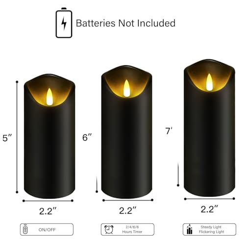 Flickering Flameless Candles, Battery Operated Acrylic LED Pillar Candles with Remote Control and Timer, Set of 9 (Black)