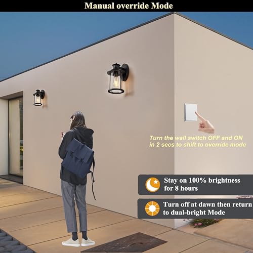Image of MICSIU 2-Pack Black Motion Sensor Outdoor Wall Light No Assembly Required | 11.5 inch Dusk to Dawn Security Exterior Fixture, Seeded Glass Rustic Cabin Porch Light Sconce for Garage, Deck