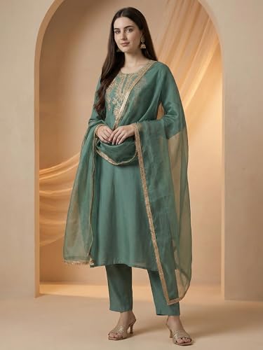 Image of INDO ERA Women's Silk Embroidered Straight Kurta With Pant & Dupatta Set