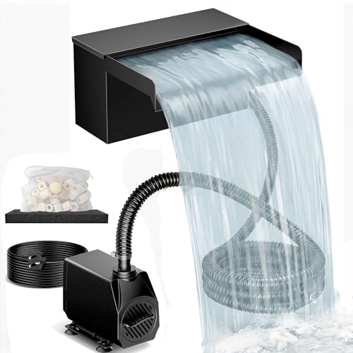 Biling Kit de cascada con sistema de filtración, bomba de cuenca silenciosa 2500L/H y vertedero de acero inoxidable de 20 cm con tapa, flujo ajustable para corriente y decoración de jardín