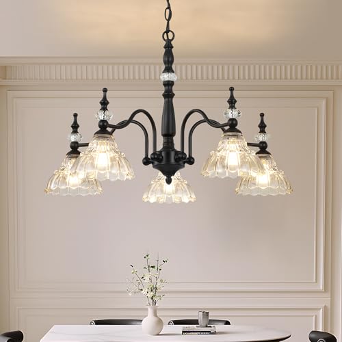ZXFDWB 5-Light Vintage Crystal Black Chandelier for Dining Room,Modern Pendant