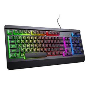 Large Print Rainbow Backlit Gaming Keyboard, Wired USB Light Up Computer Keyboard with Big Letters Keys,12 Multimedia Keys, Wrist Rest, All-Metal Panel,Full Size Keyboard, for PC,Laptop