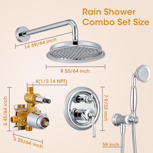 Image of Chrome Rain Shower Heads with Handheld Spray Combo, Rain Shower System with Balance Pressure Valve, 9 inch Bathroom Luxury Rain Fall Shower Head with Antique Handshower Wall Mount, (B2312-CP)