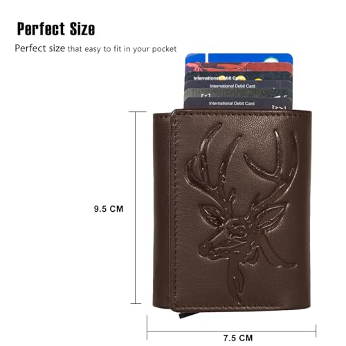 Image of Men's Genuine Leather RFID Wallet | Premium Slim Red Wallet for Men with Deer 3D Print | 8 Card Slots Secure and Durable Design | Casual Stylish | Formal & Gifting Use, Brown and Silver