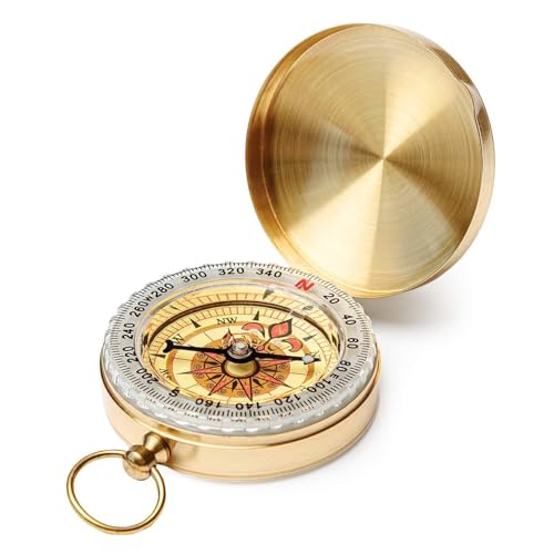 Brújula de Bolsillo de Latón con Esfera Luminiscente, Estilo Vintage de Reloj de Bolsillo Dorado, Brújula Magnética Impermeable para Deportes con Llavero para Camping y Senderismo
