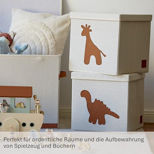 LOVE IT STORE IT Premium Aufbewahrungsbox mit Deckel - Quadratisch, Stabil, Beige mit Giraffe - 33x33x33 cm - Ideal für Regale und Spielzeug-Aufbewahrung