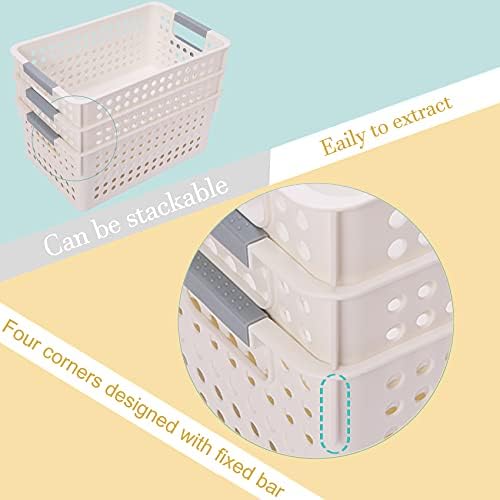 AYVANBER Large Plastic Storage Basket Portable Organizer Box Refrigerator Storage Bins Desktop Storage Baskets with Handles for Cupboards Kitchen Bathroom Livingroom Office Set of 3 (White Large)