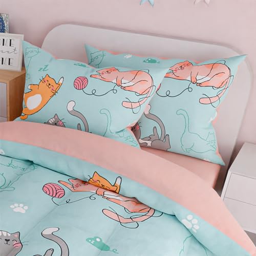 Image of SANDJEST Cat Comforter Set Twin for Girls, Ultra Soft Microfiber Bedding Sets with 3-Pieces, Cats Comforters Bed Sets for Kids Children Girl Bedroom Decor