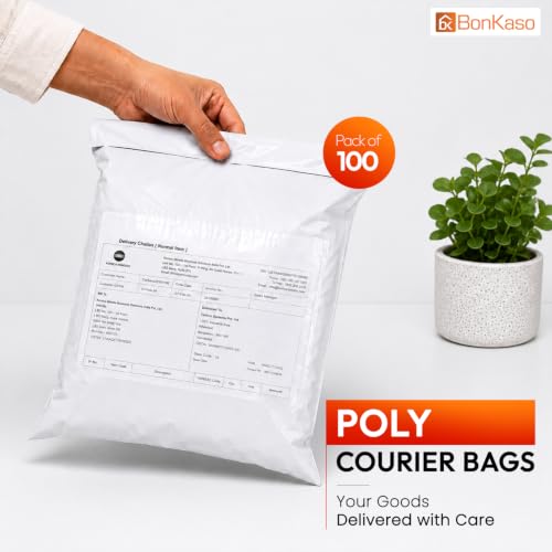 Image of BonKaso 12x14 Inch Poly Courier Bags with POD Sleeve | 55 Micron Tamper-Proof Self-Adhesive Shipping Envelopes for E-Commerce, Parcels & Documents - Secure Mailers (Pack of 100)