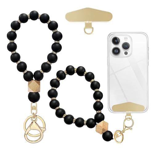 LunarCharm Silikonperlen Handgelenkschlaufe con Almohadilla de cordón para móvil de Acero Inoxidable, Pulsera elástica Manos Libres, Correa para móviles, para la mayoría de Smartphones, Negra